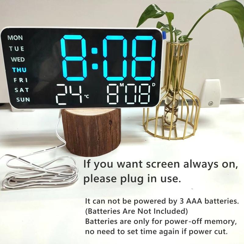 USB Powered LED Digital Wall Clock Voice Control Temperature Date Week Snooze Dual Alarm Clock DST Brightness Adjustment 12/24H