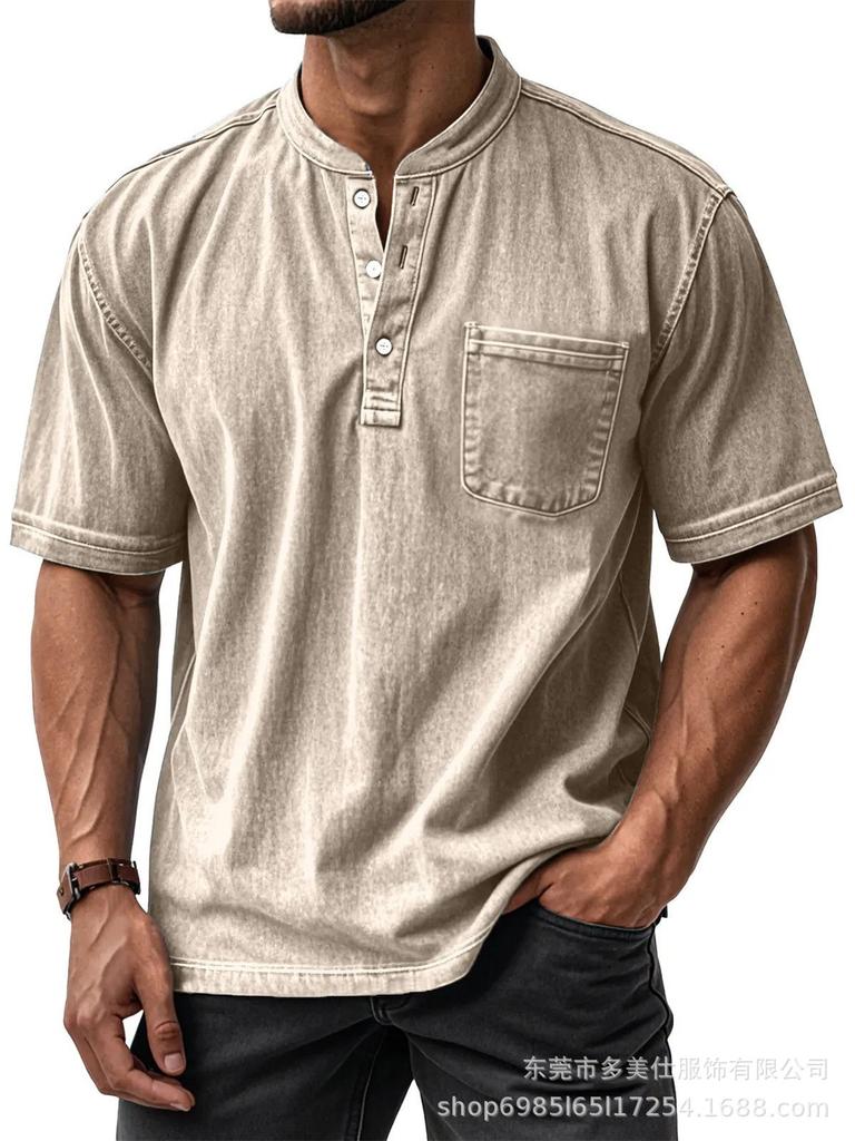 Men's Light Blue Short Sleeve Henley Shirt with Chest Pocket