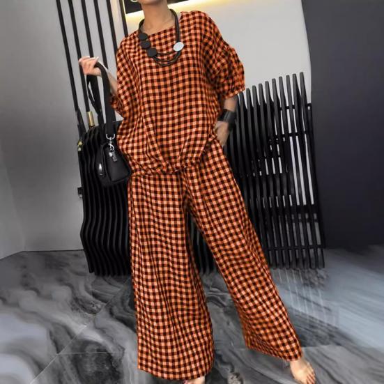 2 Pcs/Set Women Spring Top Pants Set Plaid Print Three-quarter Sleeves Round Neck Split Back T-shirt
