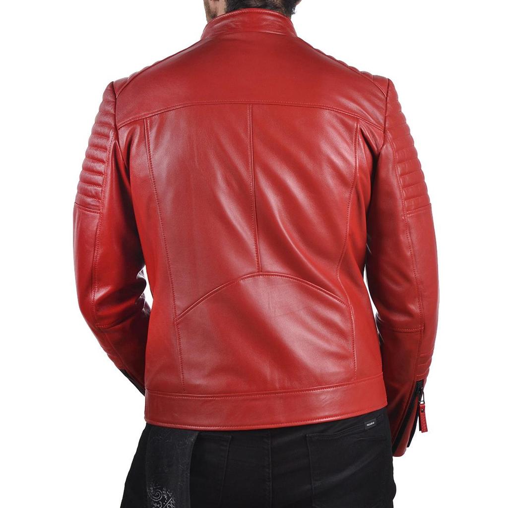 SKINOUTFIT Men's Genuine Lambskin Red Leather Jacket Stylish Motorcycle Bomber Biker Outerwear MJ 107