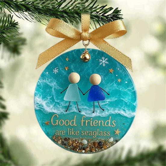 Sea Glass Friendship Ornament Handmade Sea Glass Art Friendship Keepsake Round Acrylic Christmas Tree Ornament for Xmas Party Decor