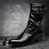 Fashion Men's Leather Boots High Rivet Quality Motorcycle Boots Black Punk Rock Shoes Men Tall Boots Man Shoes Mid-Calf Size 37--45
