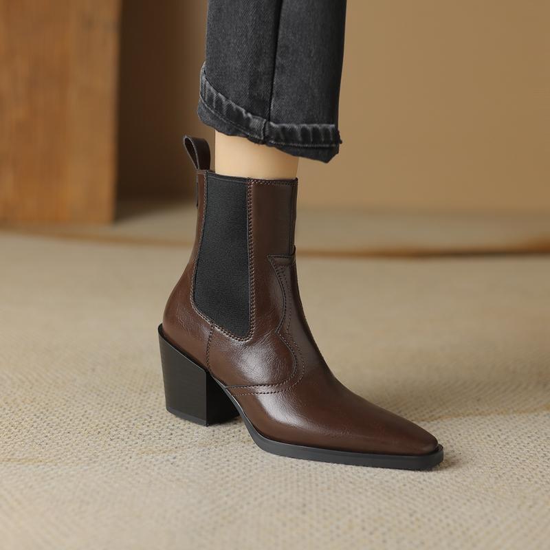 2024 New Autumn Women Boots Pointed Toe Chunky Heel Boots Genuine Leather Shoes for Women Concise Ankle Boots Platform Boots