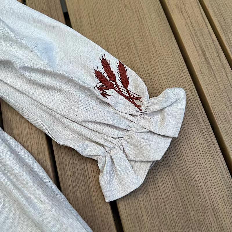 Girl Princess Dress 2023 Spring Autumn New Korean Kids Orange and Beige Retro Cotton Linen Embroidered Dresses Two Piece Set