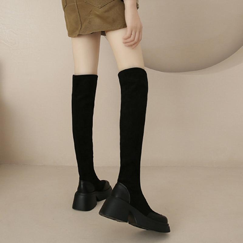 Women Long Sock Boots Autumn Winter Black Thick High Heel Round Head Elastic Stocking Boots Platform Slip On Casual Botines