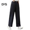 Women Casual Pants Elastic High Waist Buttons Zipper Fly Long Trousers with Pockets Solid Color Straight Wide Leg Slacks Daily Wear