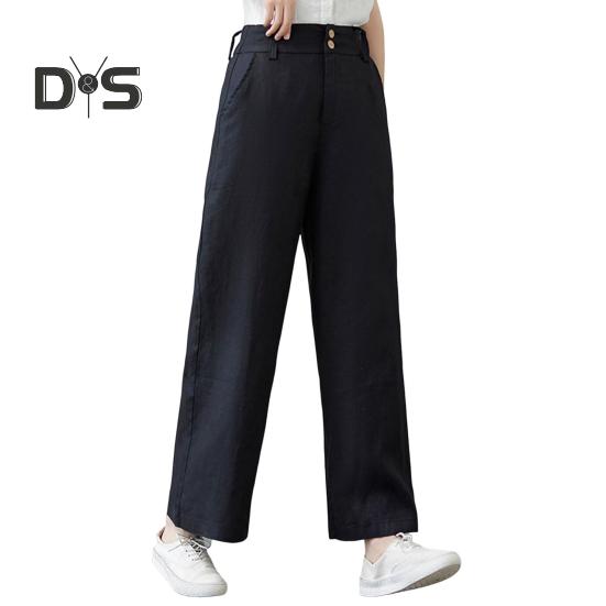 Women Casual Pants Elastic High Waist Buttons Zipper Fly Long Trousers with Pockets Solid Color Straight Wide Leg Slacks Daily Wear