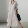 Women Dress Long Sleeve Irregular Split Hem Solid Color Loose Lapel Single-breasted Casual Maxi Shirt Dress