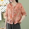 Plus Size Oversized Women Blouses Shirts Korean Style Cotton Linen Floral V-Neck Printed Shirt Top Summer Short Sleeve Blusas