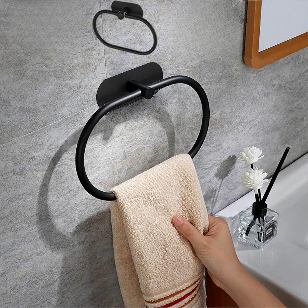 Stainless Steel Towel Holder Self-adhesive Bathroom Towels Rack Black Washhand Hanger Ring Rail Bar Kitchen Storage Accessories
