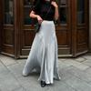 Elegant Grey Satin Skirts For Women Fashion Mid Waisted Slit Solid Skirts Casual New Loose Ankle-Length Skirt Streetwear