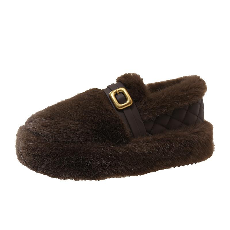 Retro Thick-soled Inner Height-increasing Girls' Fluffy Shoes, Autumn and Winter Outer Wear, Velvet Single Shoes, Warm Snow Cotton Shoes, Doudou Shoes