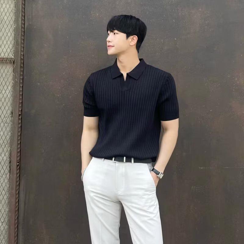 Men's Summer Korean Style Slim Fit Knitted Polo Shirt - Short-Sleeve, Solid Color, Ice Silk, Turn-Down Collar