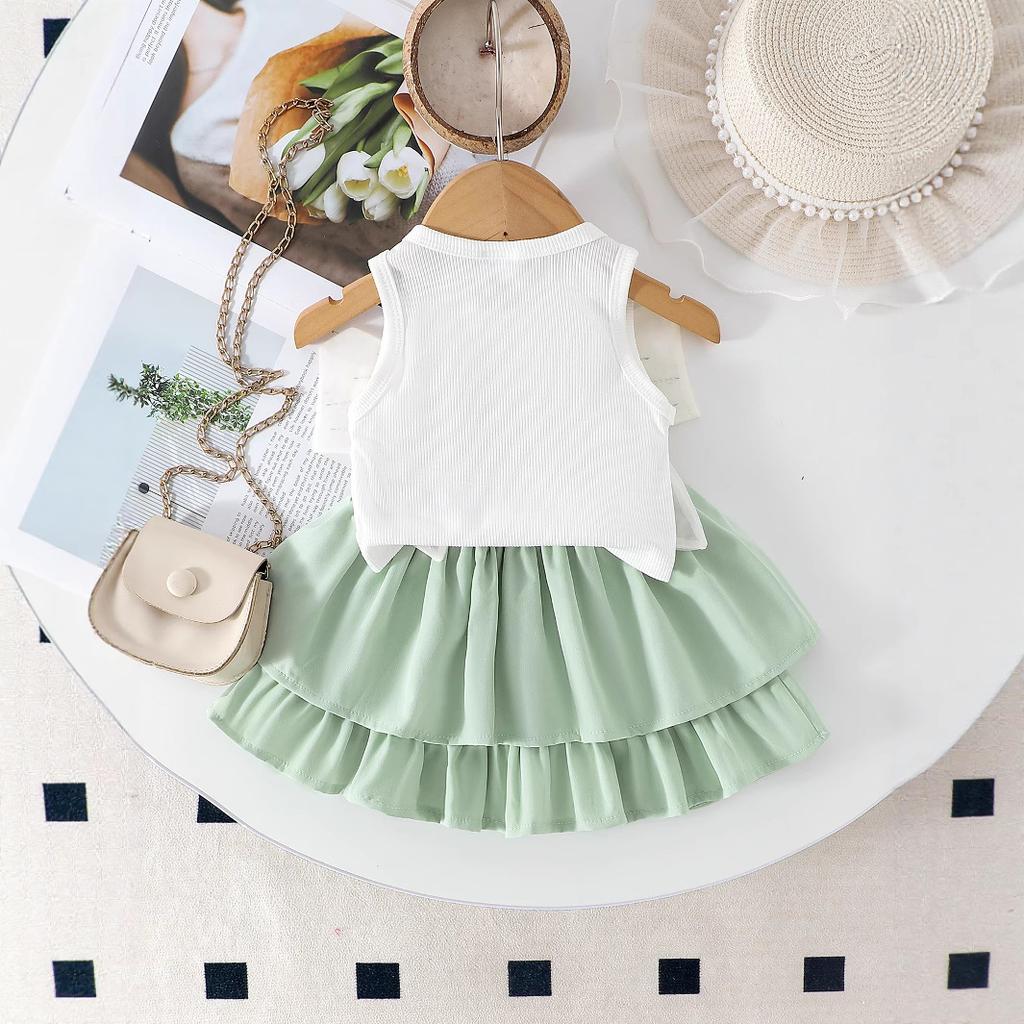 Girls' Sweet Set Summer Children's Fashion and Cute Bow-decorated Sleeveless Top + Puffy Skirt Set