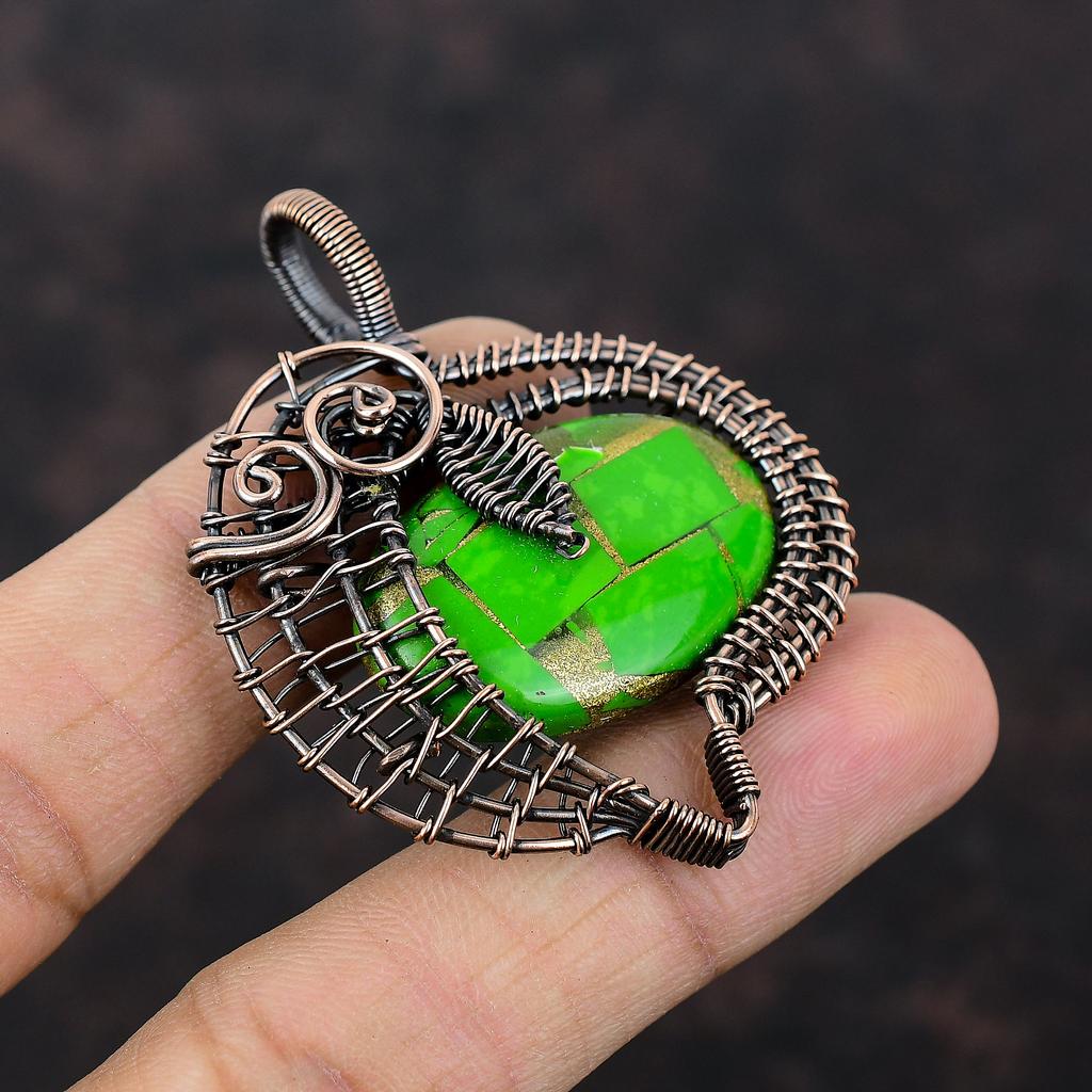 Copper Green Turquoise Pendant Copper Wire Wrapped Pendant Handmade Gemstone Pendant Wire Wrap Jewelry Boho Pendant Copper Jewelry For Gift