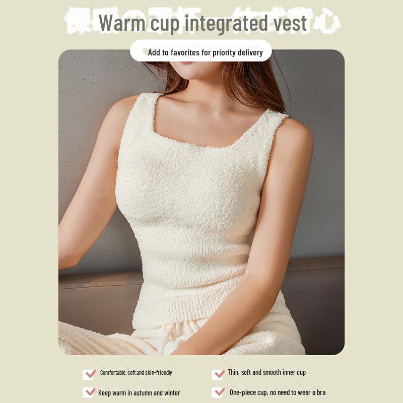 Plush Women's Lambskin Vest with Chest Pads - Warm, Bra-Free, One-Piece Innerwear for Autumn and Winter