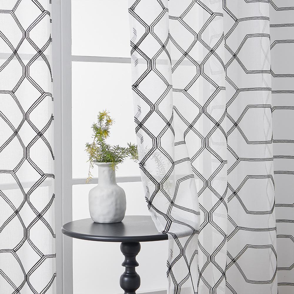 Geometric Embroidery Pastoral Korean Curtains Semi-Blackout Screen Curtain Finished Living Room Bedroom Window Screen
