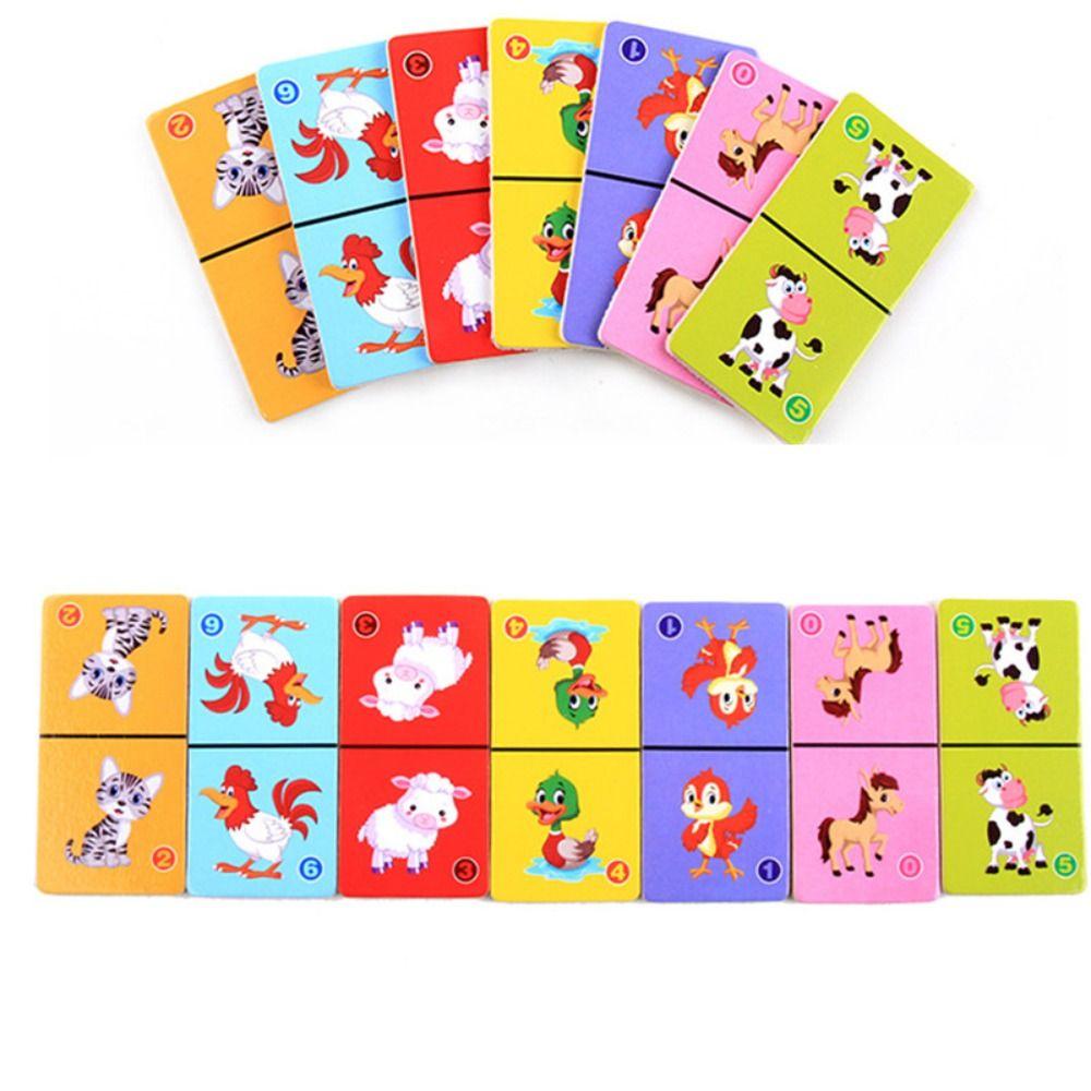 Wooden Animal Domino Puzzle Toy Education Blocks Wooden Domino Building Blocks Set Kids   Tollder