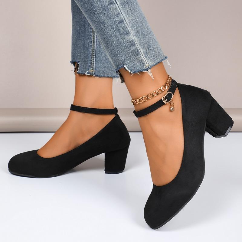 2024 High Quality Women's Shoes New Round Toe Solid Color Suede Shallow Mouth Thick Heel One-line Buckle Women's High Heels