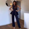 Women Suit Fashion Causal Ruffle Tank Long Trouser Two Pieces Set O-neck Sleeveless Top High Waist Wide Leg Pants Suit