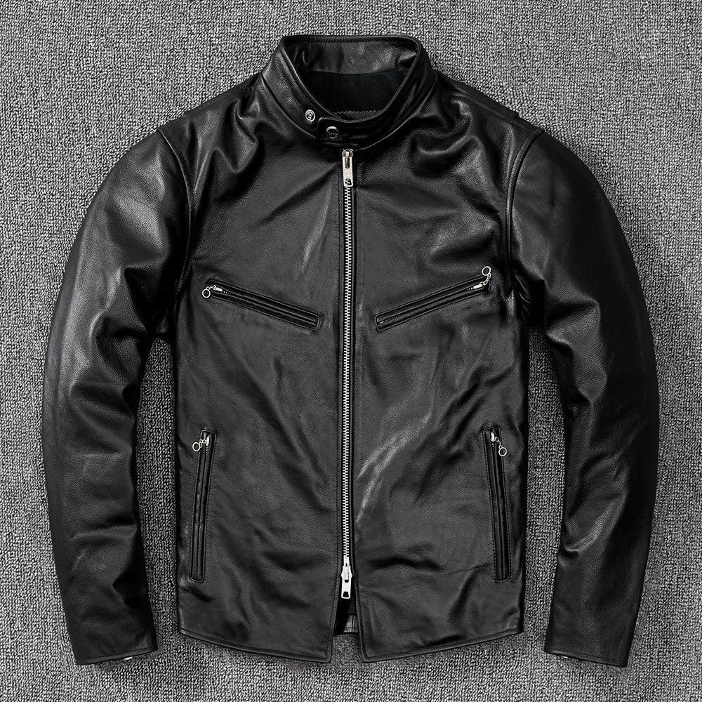 Young Motorcycle Stand-up Collar Leather Jacket, Pure Top Layer Cowhide Genuine Leather Leather Jacket, Men, Short Slim and Fashionable Jacket