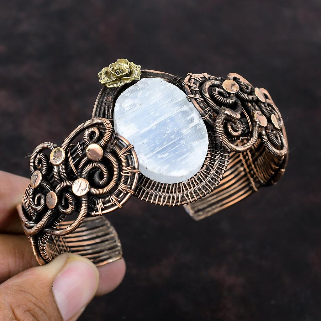 Selenite Druzy Cuff Bracelet Adjustable Gemstone Bangle Copper Wire Wrapped Cuff Bracelet Handmade Flower Bracelet Copper Jewelry For Gifts