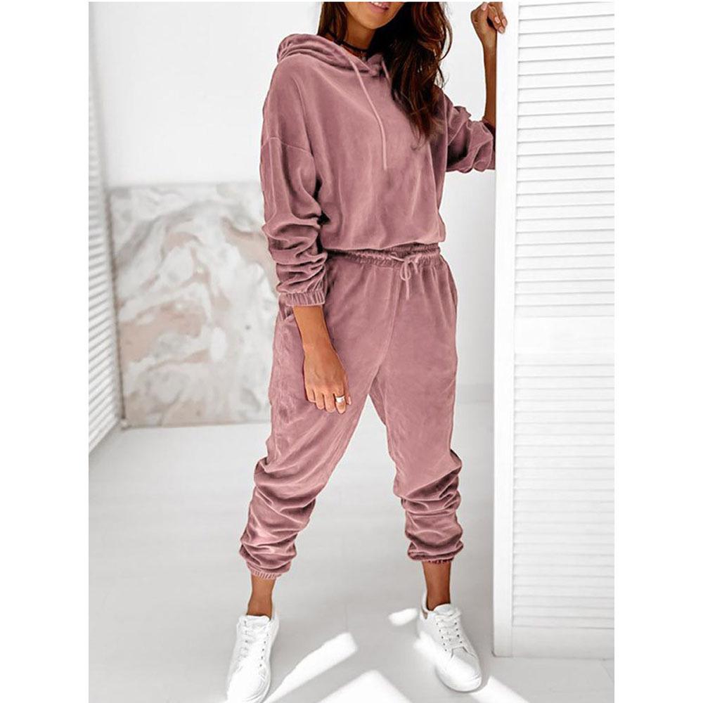 Women's Solid Color Gold Velvet Hooded Long-Sleeve Sports Casual Suit - Autumn/Winter 2021