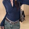 Women's Slim Fit V-Neck Long Sleeve Button T-Shirt