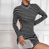 European and American Style Spring Black and White Striped Backless Slim Fit Long Sleeved Half High Neck Autumn New Style Buttocks Wrapped Skirt