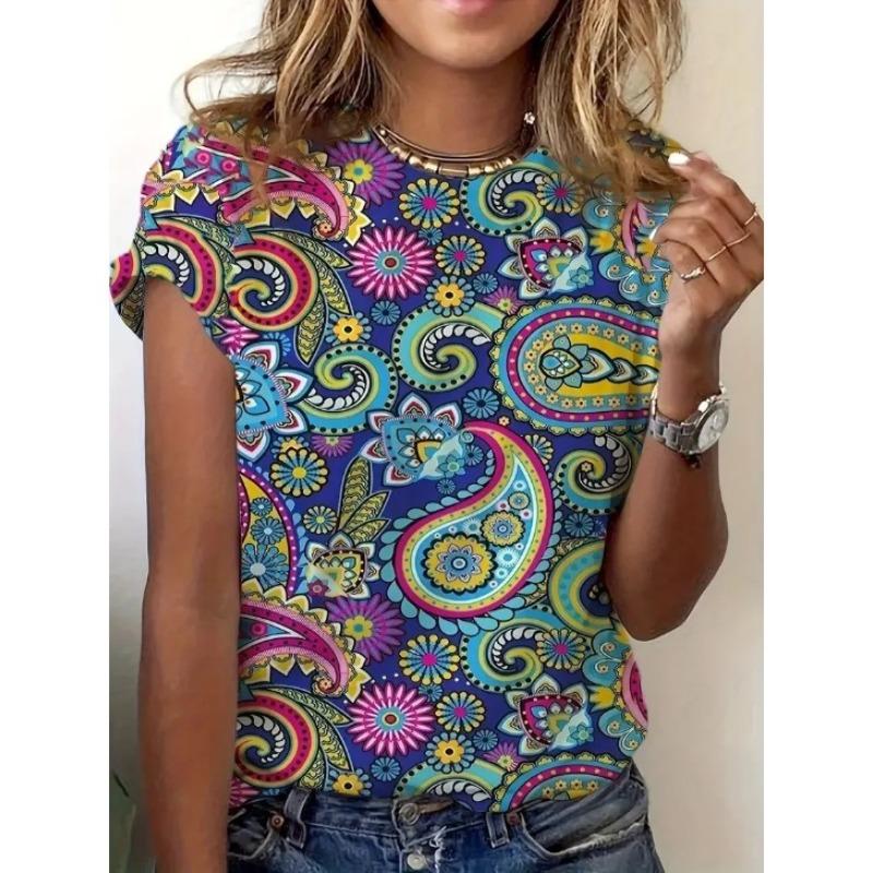 Retro Style 3D Printed T-shirts with Fashionable Round Neck Short Sleeved Top Featuring Ethnic Patterns Women's T-shirts