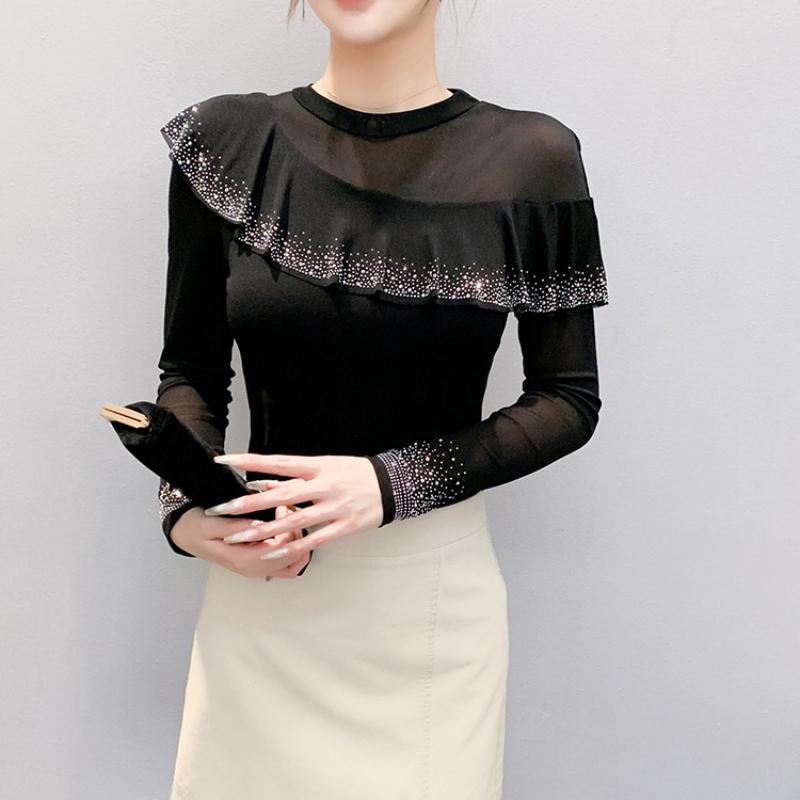 Spring Autumn Women's Ruffles Hotfix Rhinestone T-Shirt Elegant Full Sleeve O-neck Tees Slim Ladies Tops