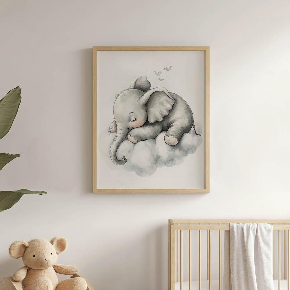 Plakat Senny Słonik Na Chmurze Plakat Senny Słonik Na Chmurze, 30X40 Cm, Rama Drewniana Jasny Dąb, Papier Matowy 230 Gsm