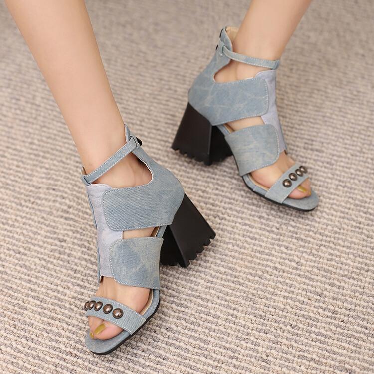 FOREADA Women Sandals Thick High Heels Round Toe Rivets Zipper Fashion Party Summer Shoes Black Brown Blue White 33-46