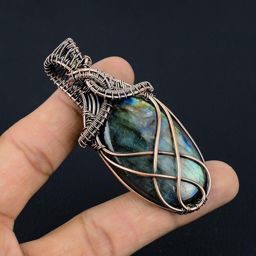 Labradorite Pendant, Handmade Gemstone 999 Copper Wire Wrapped Pendant Antique Jewelry, For Gift Silver Jewelry