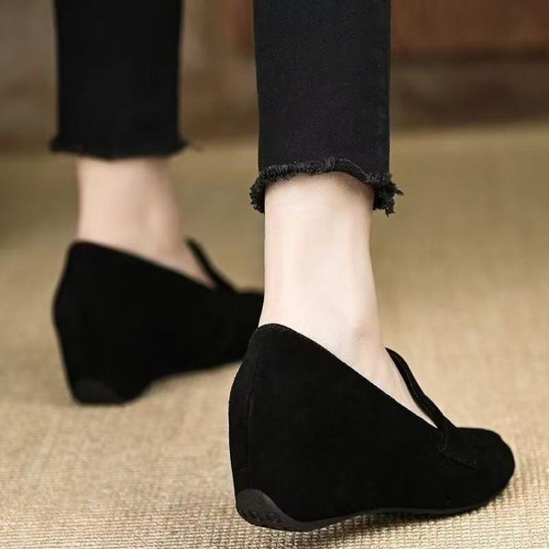 Frosted Camellia Slip-On Loafers for Women, Spring and Autumn New Round Toe Wedge Heel Comfortable Versatile Leather Shoes