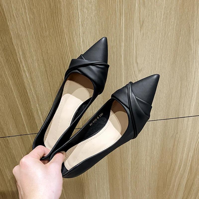 High Heels Women Shoes Thin Heels 5cm Beige Temperament Pointed 3cm Soft Leather Single Shoes with Skirt 2024 Summer New Style