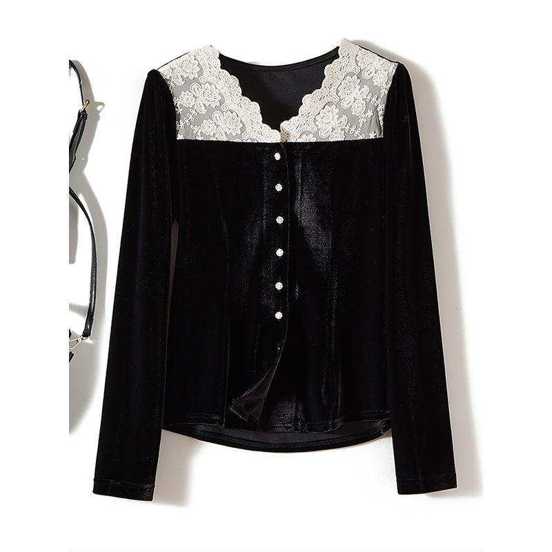 Elegant Girls' Single-Breasted Lace Patchwork Fake Two-Piece Pleuche Long Sleeve Shirt Spring and Autumn Coat Soft Glutinous Non-Inverted Velvet