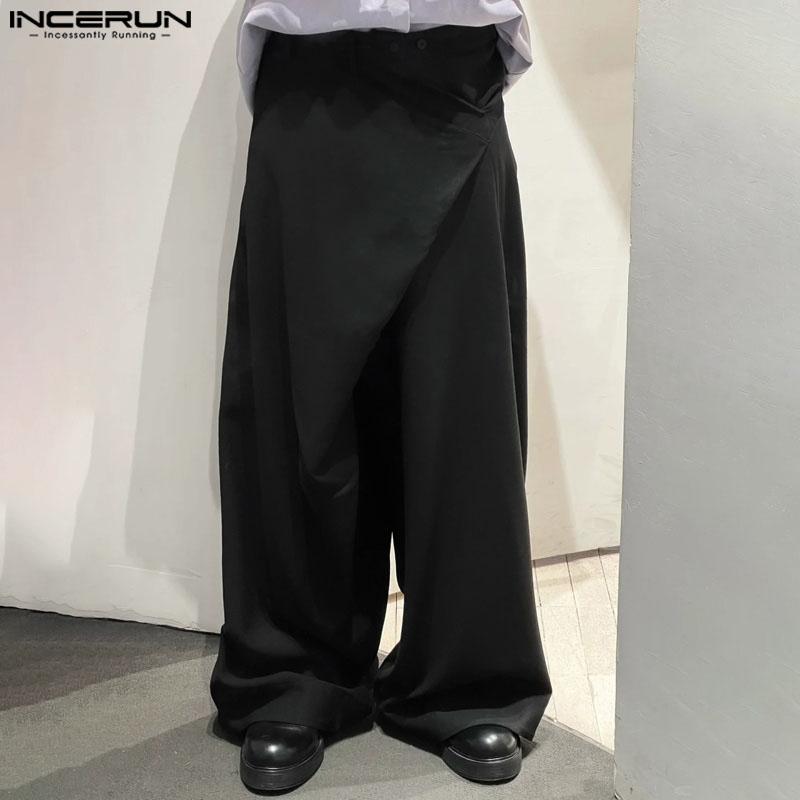INCERUN Men Autumn Spring Solid Color Zipper Waist Trousers Casual Irregular Wide Leg Pants