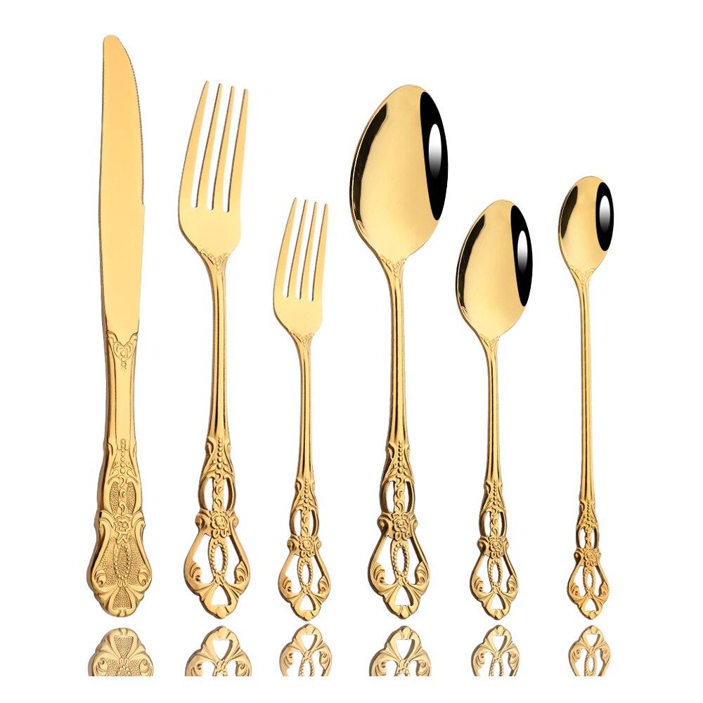Vintage Western Gold Stainless Steel Plated Cutlery Luxury Dinnerware Set Dinner Knife Fork Ice Spoon Flatware Tableware