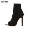 Eilyken Spring Design Ankle Boots Women Peep Toe Knitted Stretch Fabric Booties Sexy Cut-Out Stilettos High Heels Shoes