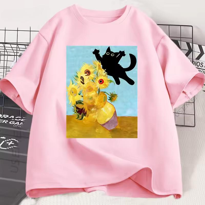Vincent Van Gogh Cat T-shirt Women Sunflowers Print Tshirt Funny Cute Cat Kitten T Shirt Cotton Short Sleeve Clothes