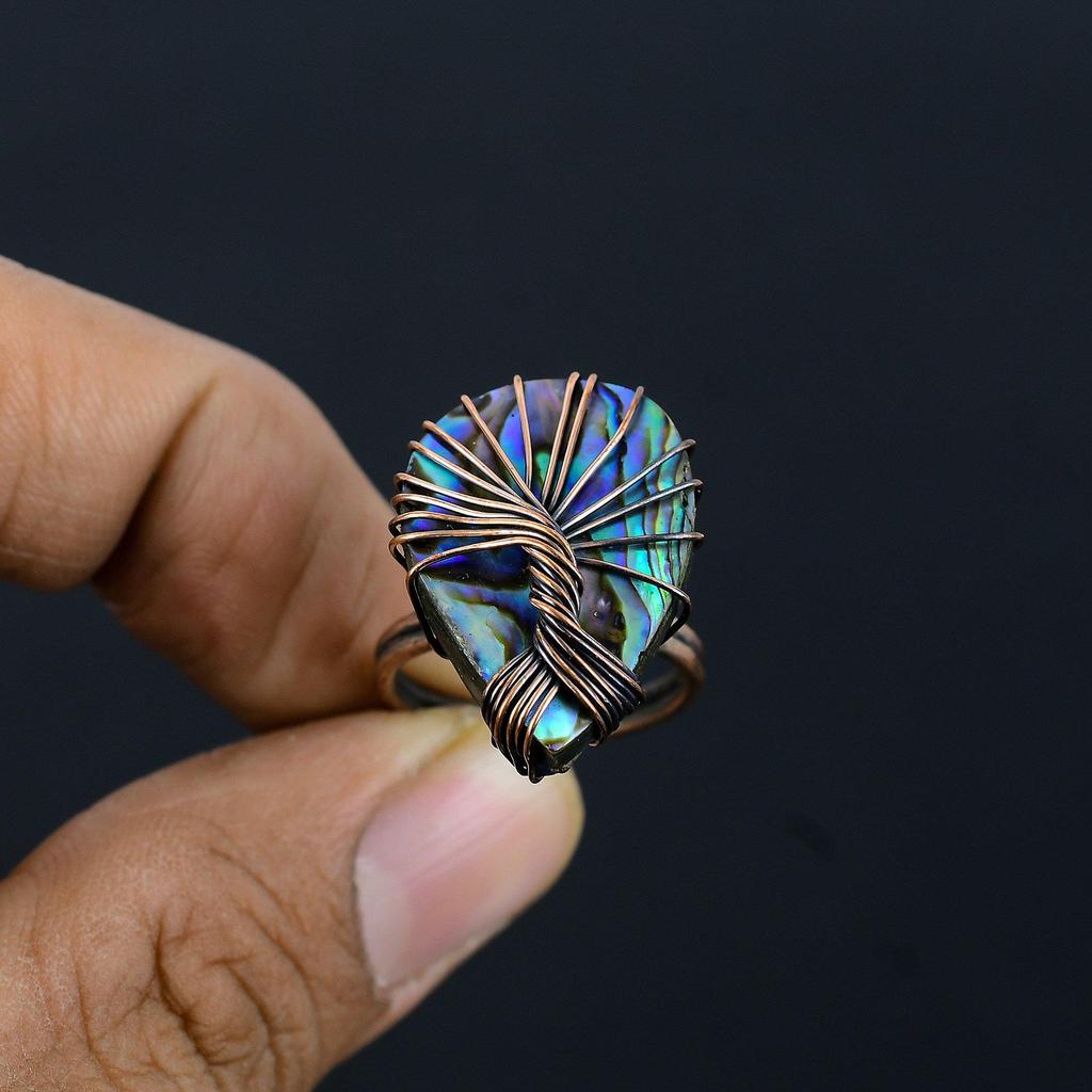 Tree Of Life Abalone Shell Gemstone Copper Wire Wrapped Handmade Jewelry Ring For Gift