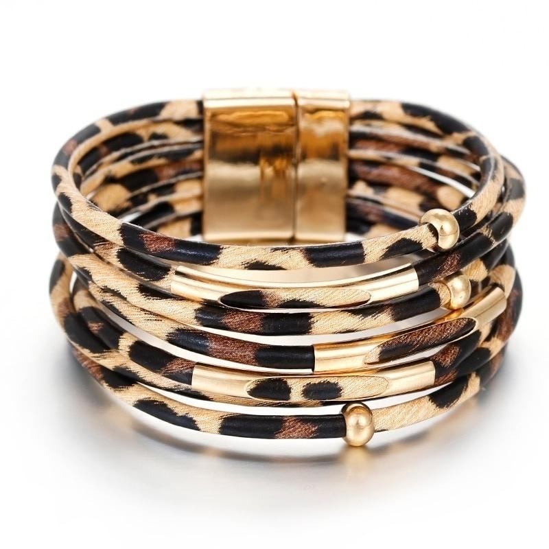 New Fashion Elegant Multilayer Leopard Leather Wrap Wide Bangles Bracelets for Women Jewelry Gifts