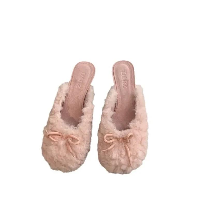 Fashion Women Fashion Elegant Round Toe Lamb Hair Slippers Winter Outdoor High Heel Banquet Plush Shoes Female Zapatillas Mujer