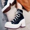 Canvas Shoes Women's Retro Chunky High-heeled High-top Lace-up White  Casual Shoes
