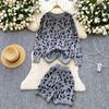 Autumn Winter Women Casual Leopard Print Knitted Sweater Pant Two Piece Set Full Sleeve Pullover Tops and Elastic Waist Shorts Tracksuit