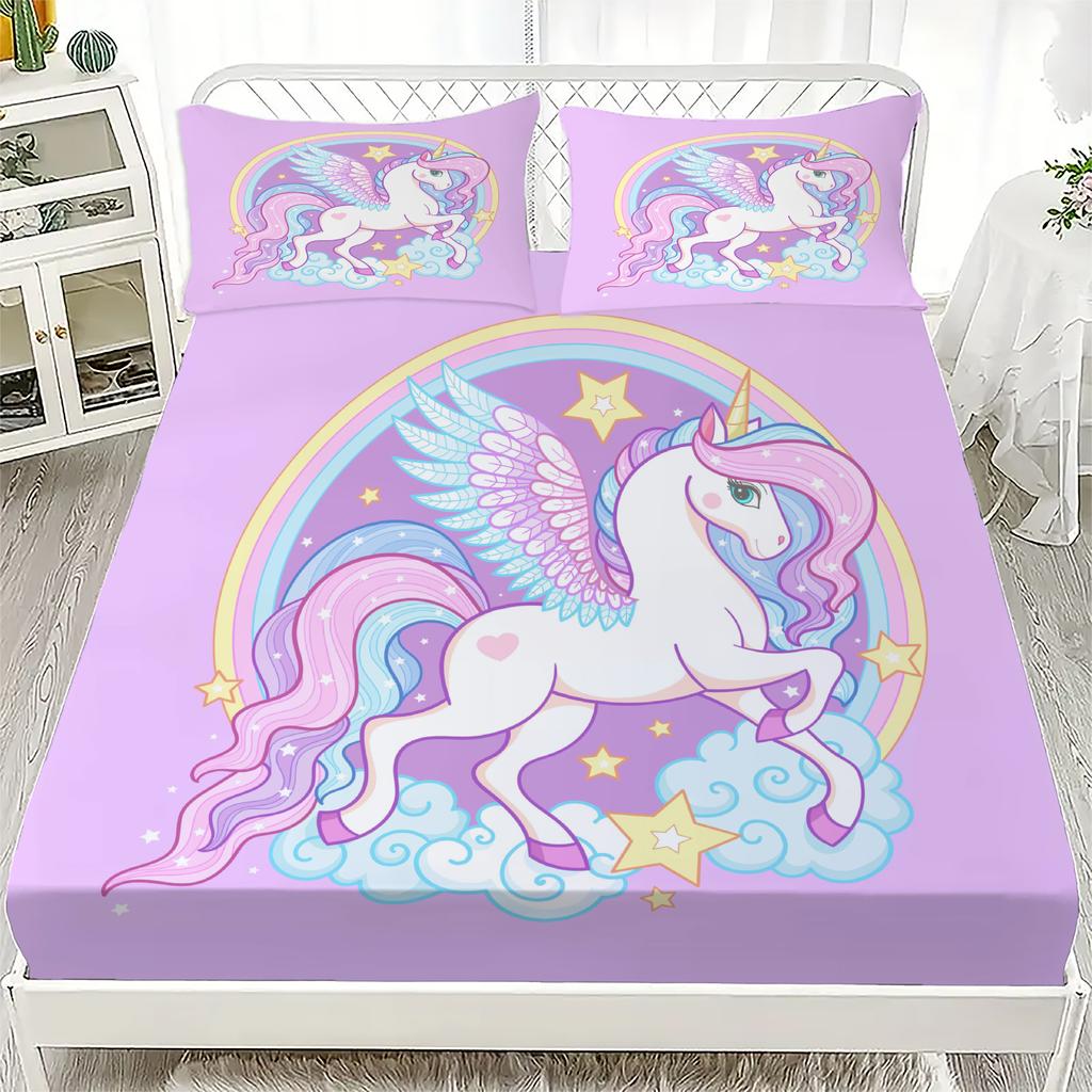 Pegasus 3D Unicorn Pattern Lovely Printed Fitted Sheet Including 1/2 Pillowcases Customized For Boys and Girls Kids Decor