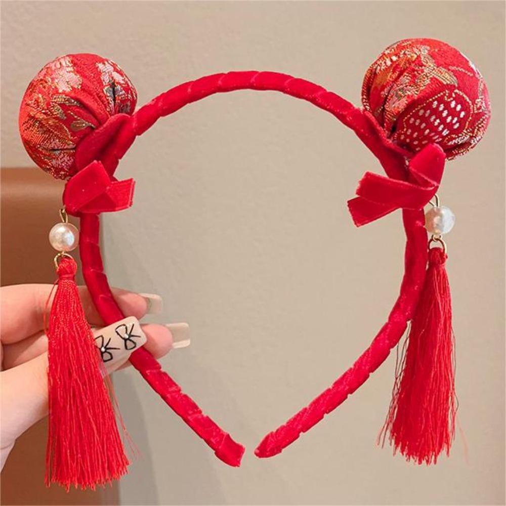 Tassel Hanfu Hair Bun Hair Hoop Plush Ball Red Hairband Simple Chinese New Year Headwear Children