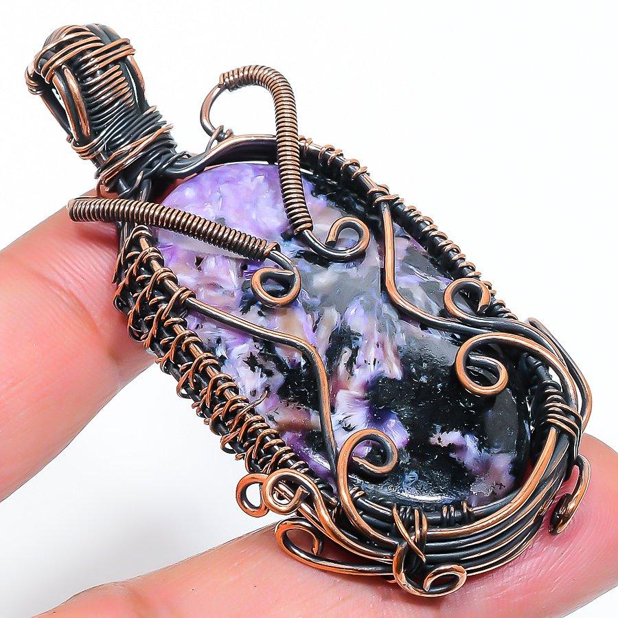 Natural Russian Charoite Gemstone Copper Wire Wrap Gift Pendant 2.56" H5o93