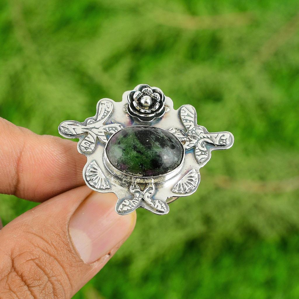 Gift For Her 925 Silver Natural Ruby Zoisite Statement Flower Adjustable Ring